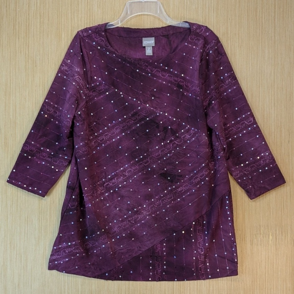 Chicos Boho Retro Tie Dye Sequin Artsy Blouse Large Purple Plum 3/4 Sleeve Top